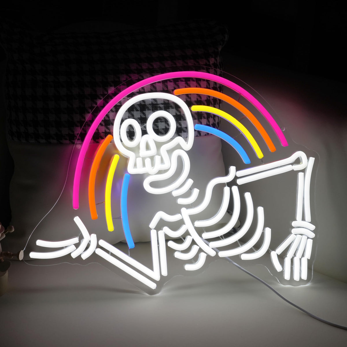 JLEWUINH Rainbow Skeleton Halloween Neon Sign Welcoming Skull Led Neon Light Colorful Rainbow Light Up Sign for Halloween Party Christmas Bedroom Man Cave Game Room(16.5 * 12.5in)