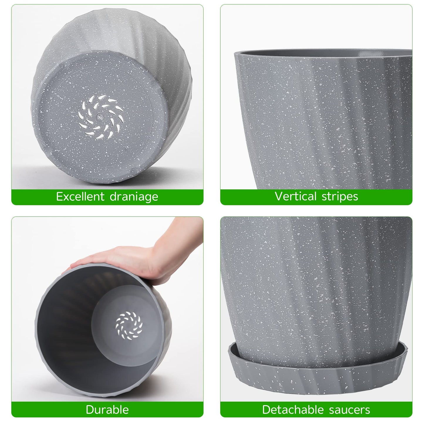 Plant Pots Indoor, 6Pack Plastic Plant Pots 19/17.5/16.5/15.5/14/11.5cm, Flower Pots Outdoor Self Watering Indoor Plant Pot with Drainage Holes and Tray, Plastic Planter for Garden House Plants(Grey)
