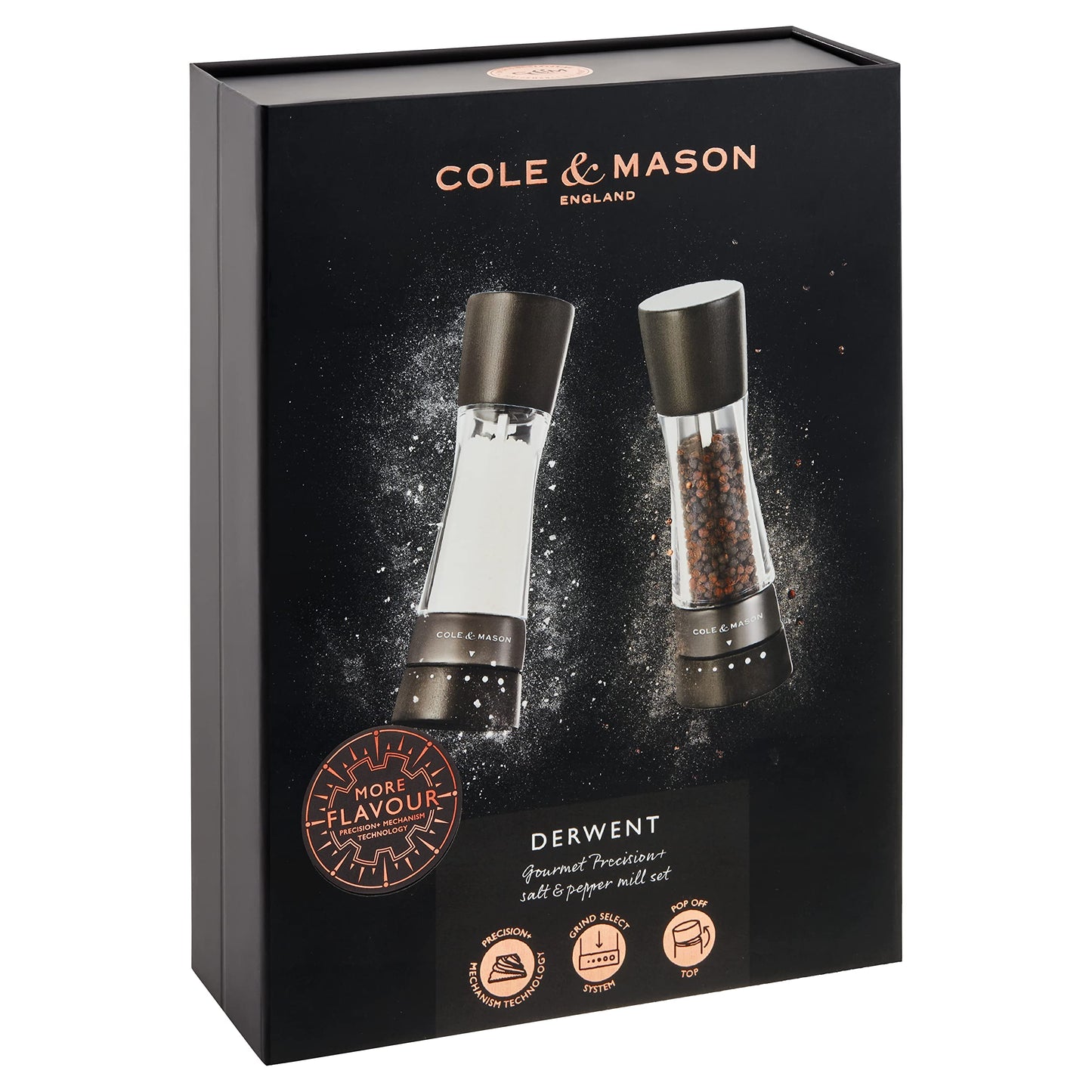 Cole & Mason H332293 Derwent Black Wood Salt and Pepper Mills, Gourmet Precision+, Adjustable Grind, Stained Beech/Acrylic, 190 mm, Gift Set, Includes 1 Salt and 1 Pepper Grinders