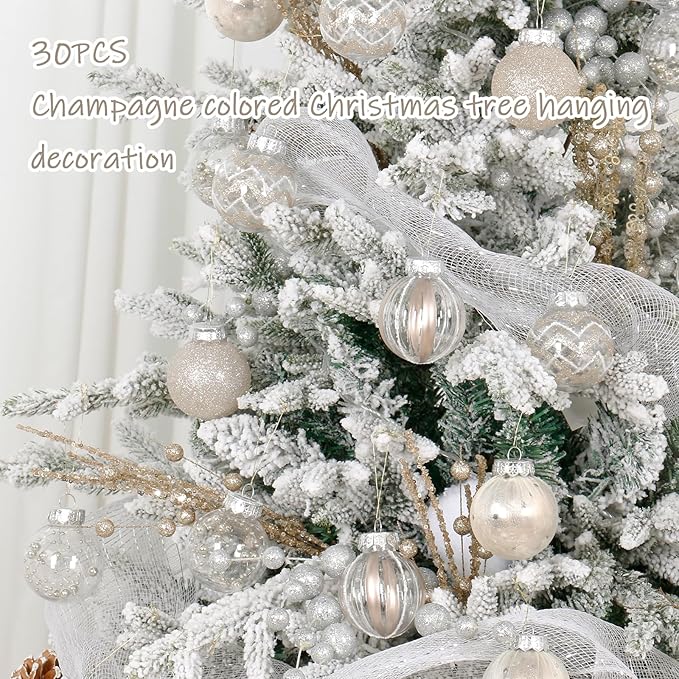 SY Super Bang 30PCS Champagne Christmas Ornaments Set, 60MM/2.36" Clear Plastic Shatterproof Ball Ornaments for Christmas Tree Hanging Decorations, for Home Holiday Party Xmas Decor.