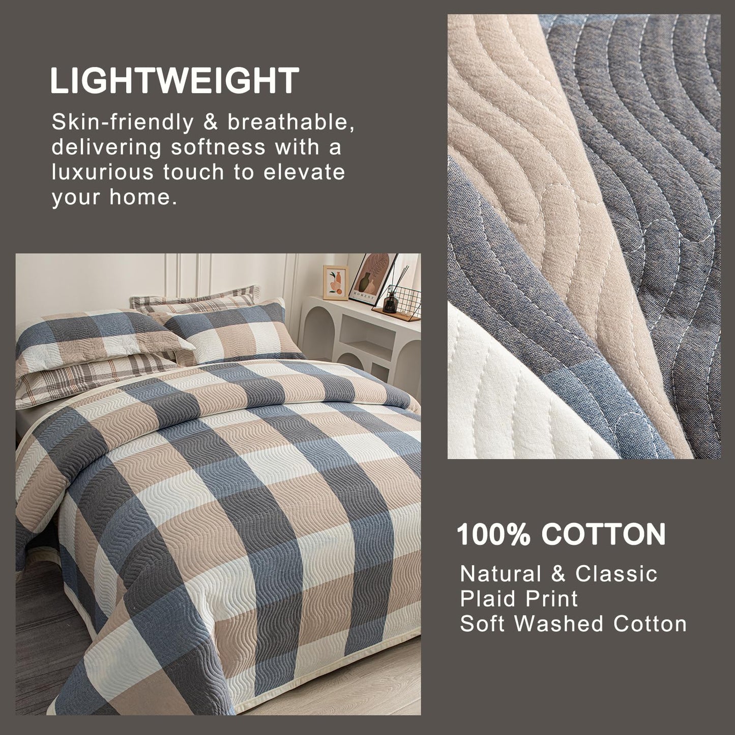 tohrisa Cotton Plaid Quilt Set, Ultra Soft 3 Pieces Queen Size Bedding with 2 Pillow Shams, Lightweight Reversible Coverlet Bedspread with Wave Quilting for Summer, 90"x96", Grid-Beige Blue