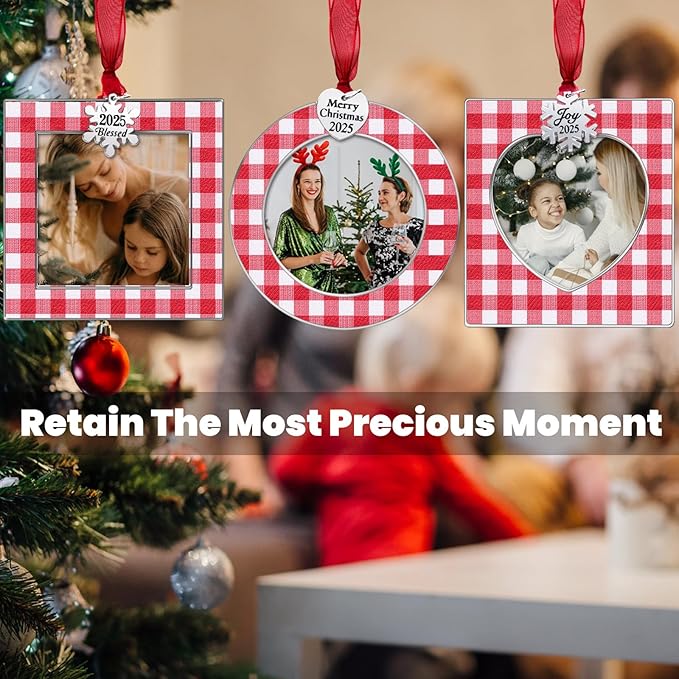 GUOER 3PCS Christmas Tree Ornaments Set Picture Frame Ornament Holiday Keepsake Gift Home Decor Christmas Decorations Xmas Gifts Pendant with 2.5” Photo Frame Insert (Red White 2025)