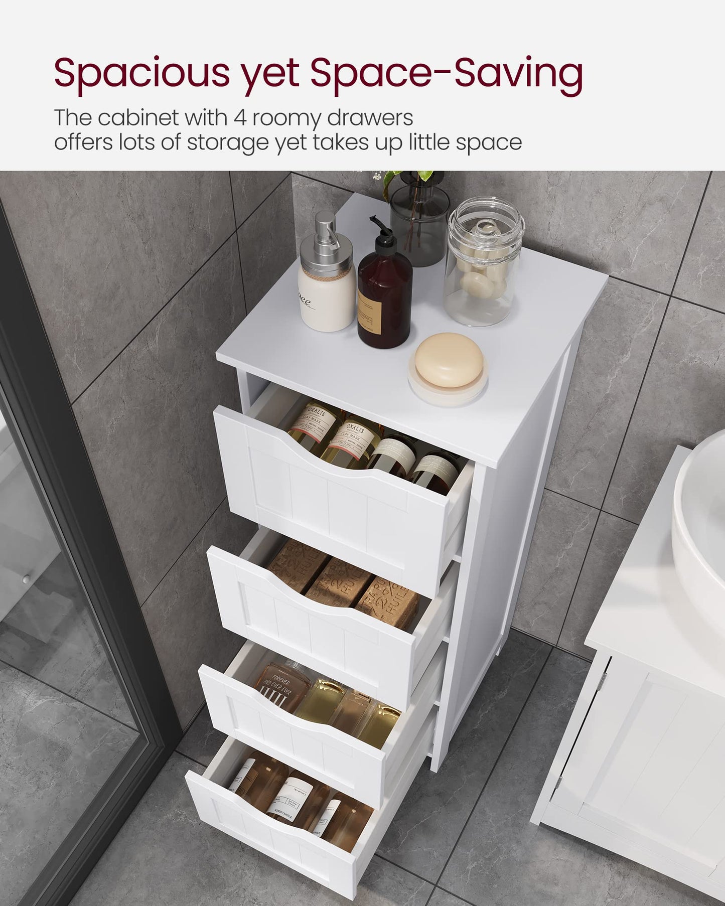 VASAGLE Bathroom Floor Storage Cabinet, Bathroom Storage with 4 Drawers, Bathroom Cabinet Freestanding, 30 x 30 x 82 cm, Modern Style, White LHC40W