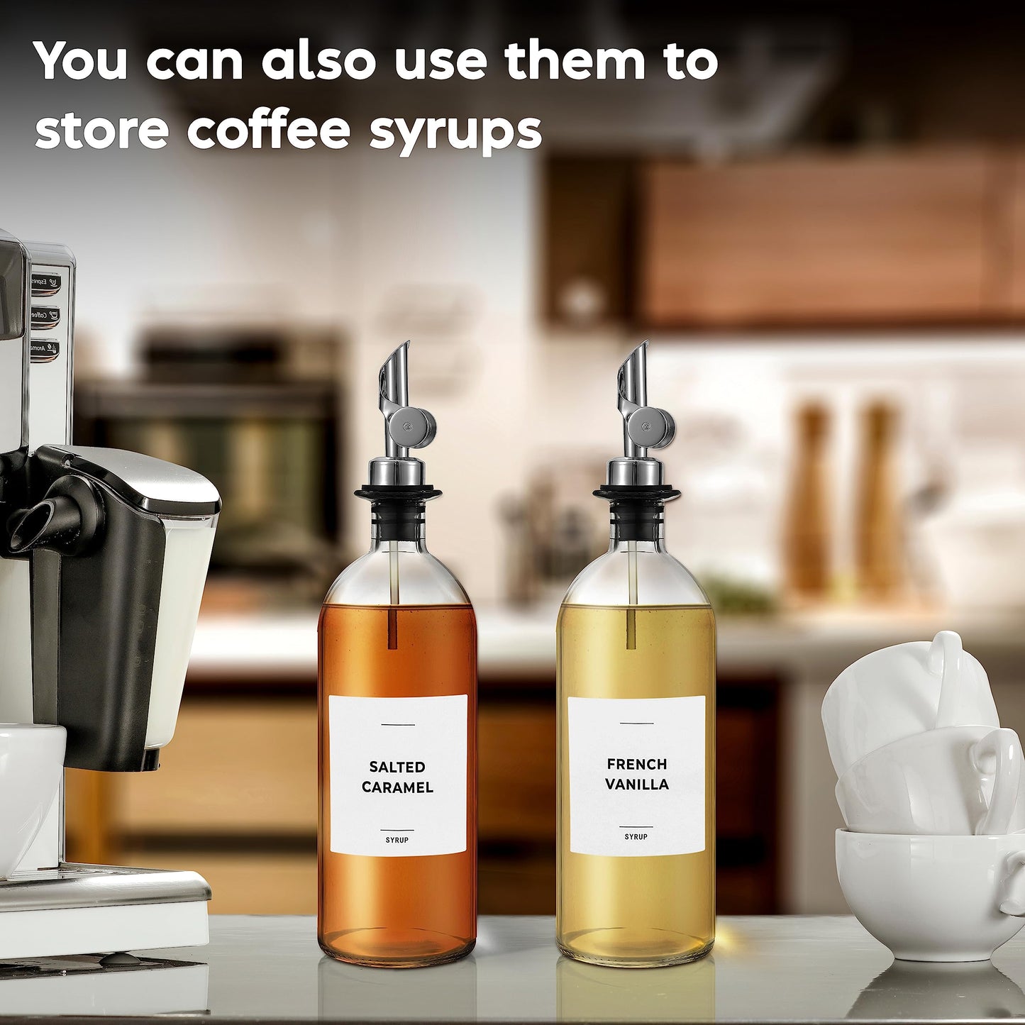 Spaceneat Oil Dispenser for Kitchen - Glass Olive Oil Bottle Set of 2 (16.9oz) with Silver Stainless Steel Weighted Self-Closing Pourer - Cooking Oil Dispenser with 66 Labels, Aligner & Funnel