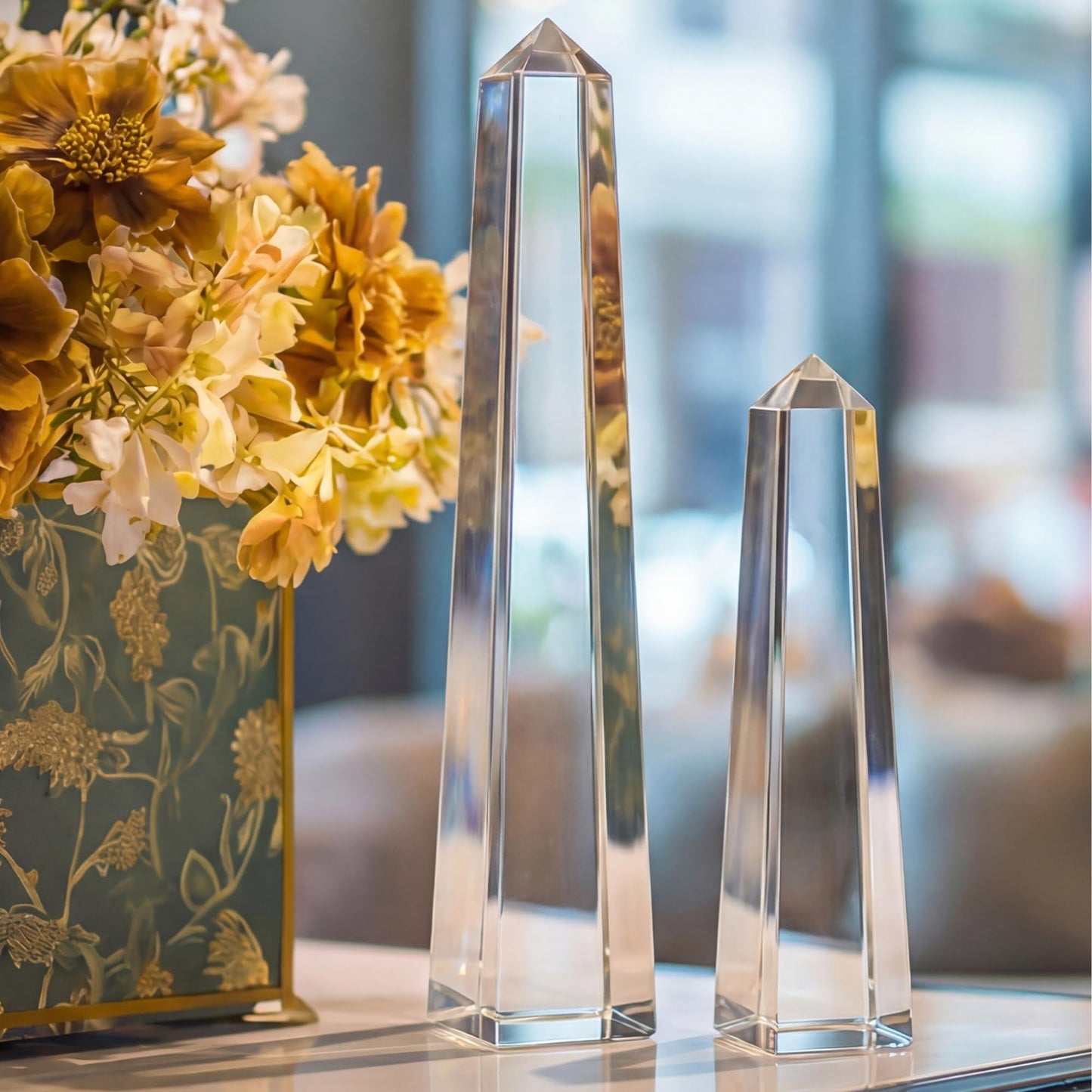 Novabright Crystal Obelisk Towers - 2 Pcs 9.25 Inch & 6.18 Inch Optical Crystal Decoration Set, Ideal for Farmhouse, Modern, and Home Decor for Mantel, Vanity, Side Table, Shelf, and Office Styling