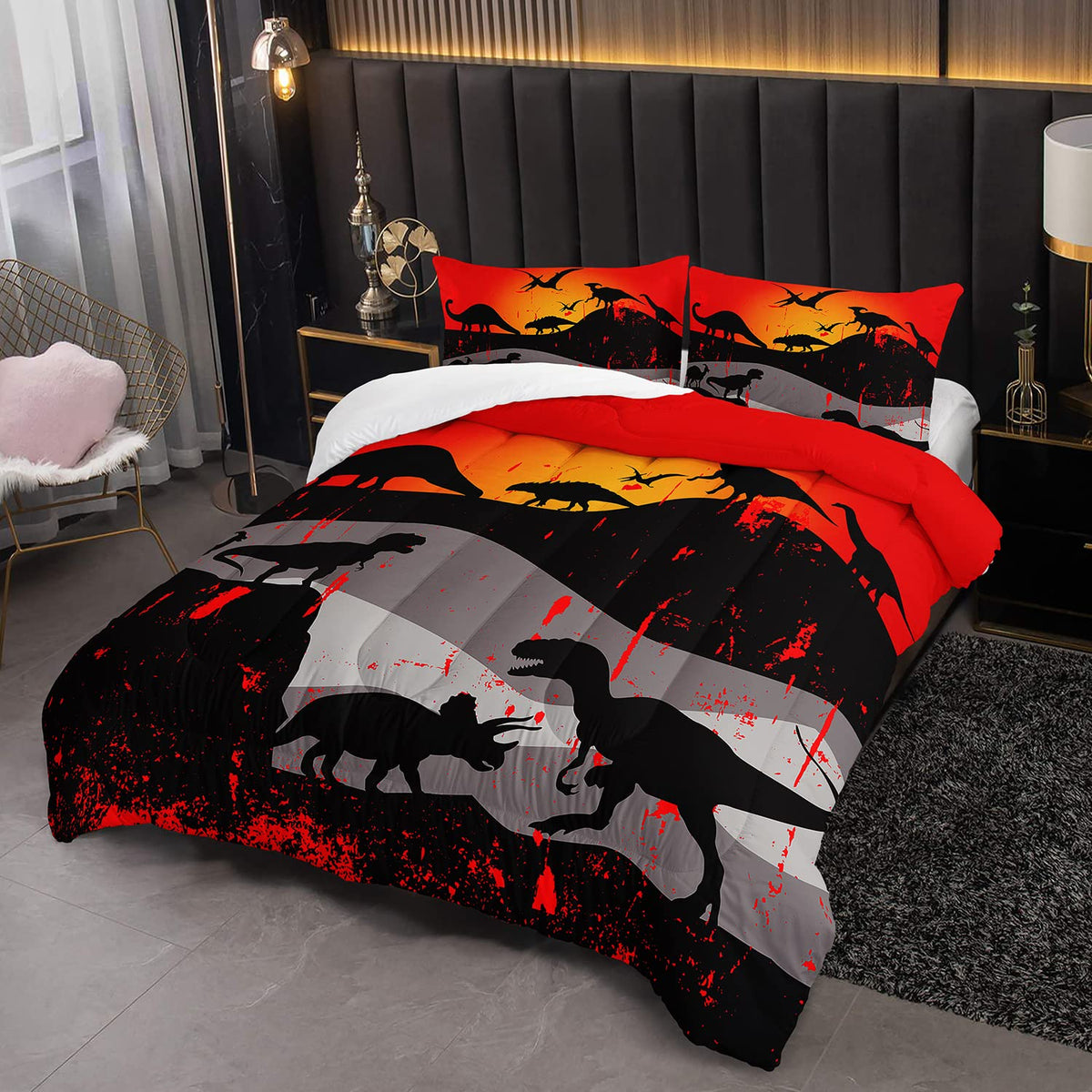 XYNHML Cartoon Dinosaur Comforter Set Full 3Pc Kawaii Dinosaur Bedding Set All Season with Tree, Leaf Decoration Includes 1 Comforter, 2 Pillowcases for Kids Girls Teens