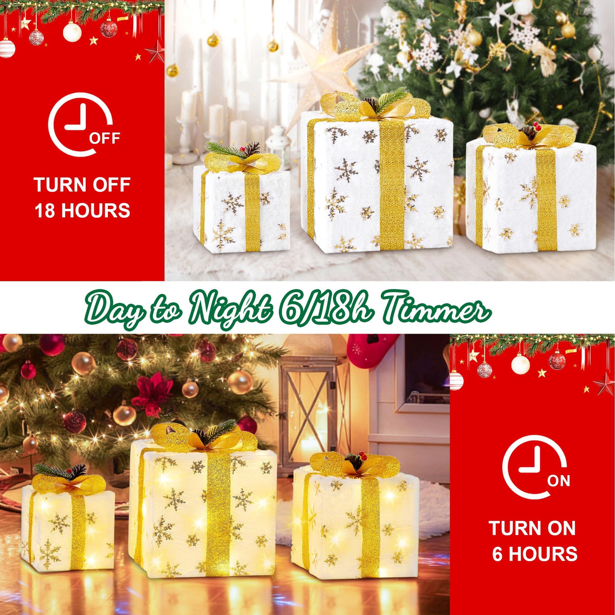 Set of 3 Christmas Lighted Gift Boxes, Plush Pre-lit 70 LED Light Up Present Boxes with Gold Snowflake, Battery Operated Christmas Decorations for Indoor Home, Housen Solutions
