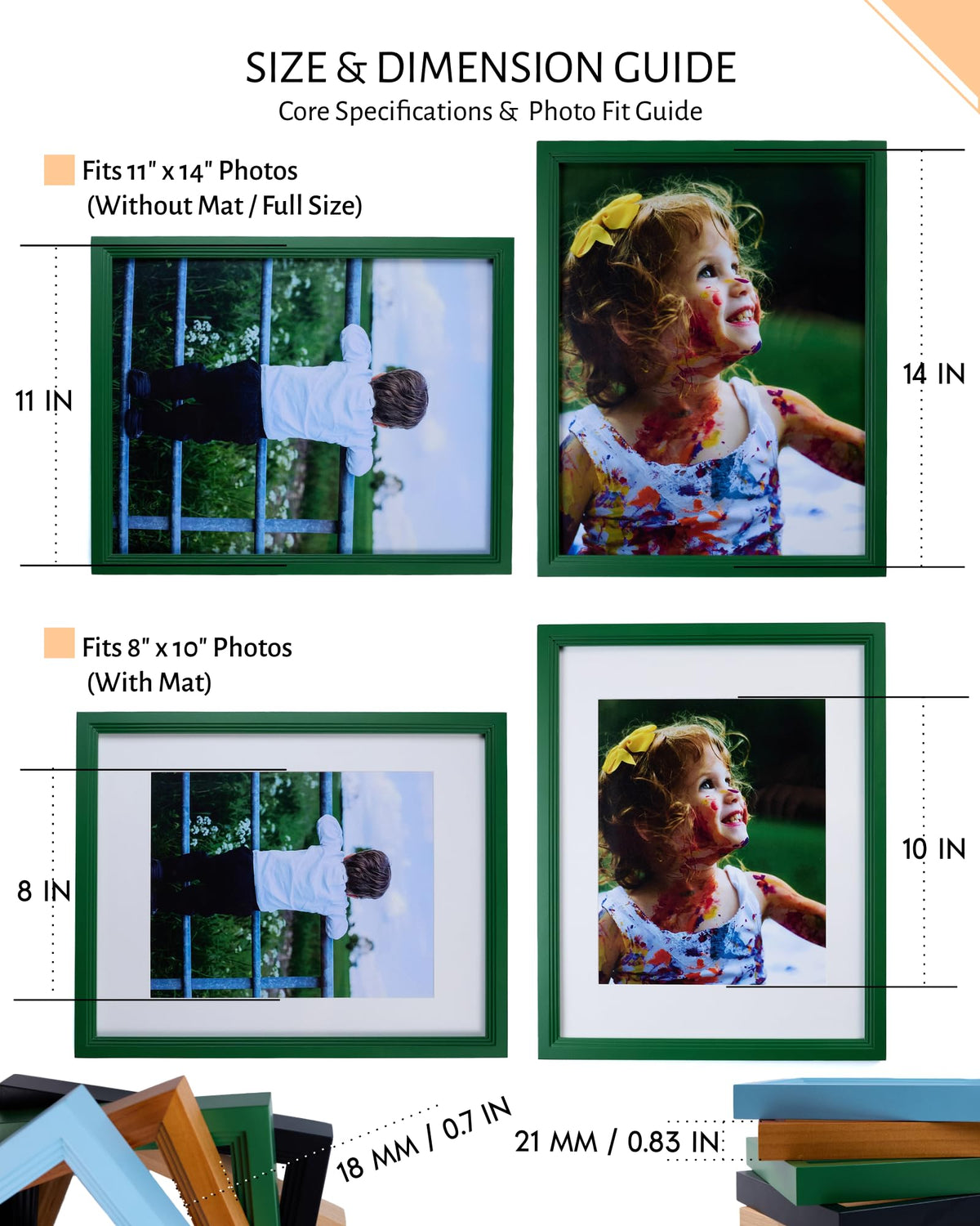 Exper City 11x14 Wooden Picture Frame, Displays 11x14 Without Mat or 8x10 With Mat, Solid Wood Colorful Photo Frame for Wall, Real Glass, Rustic Stepped Edge Design, 2 Pack, Green