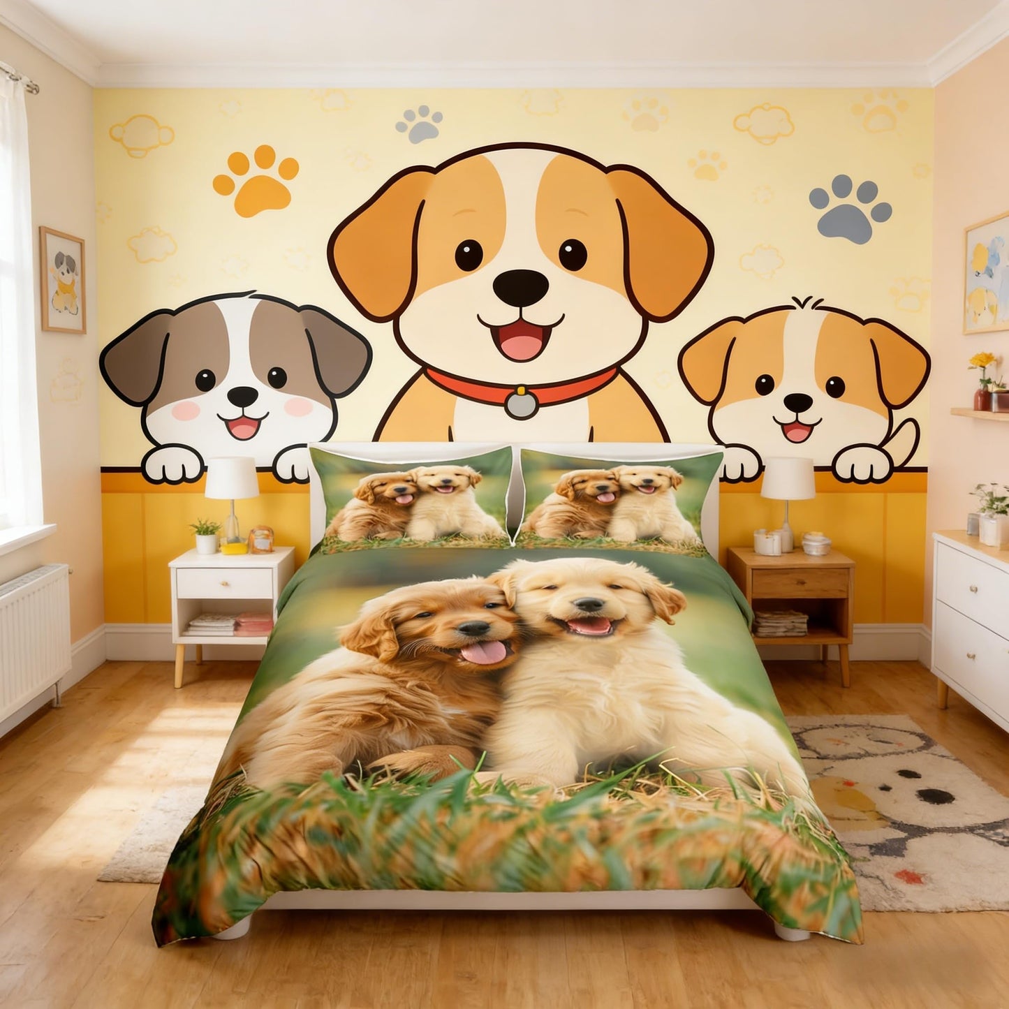 Homewish Cute Golden Retriever Bedding Set for Kids Teens Green Grass Decor Comforter Cover (No Comforter) Soft Polyester Duvet Cover Set (1 Duvet Cover + 2 Pillow Cases) Full Size