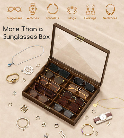 NEWLOOP Sunglass Organizer for Women Men - Multiple Pair of Sunglasses Storage Box Eye Glass Watch Display Case with 10 Slots Wooden