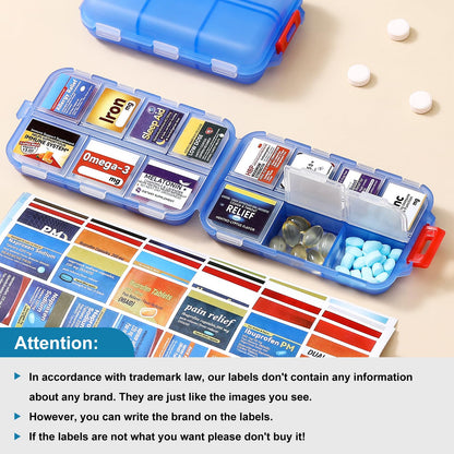 14 Grids Travel Pill Organizer Box with 415-Pcs Medicine Name Labels - Pocket Daily Pharmacy Case Container Kit - Travel Medication Holder Dispenser for Fish Oil Vitamin Supplement Storage -Clear Blue