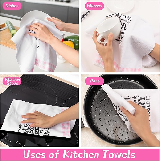 R HORSE Cute Pink Kitchen Towel Set 5Pcs Pink Check Kitchen Dishcloth Absorbent