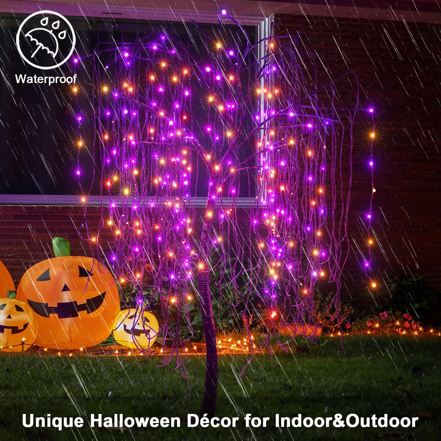 LIGHTSHARE 7 Feet Halloween Willow Tree, 256 LED Lights for Home, Festival, Nativity,Party, and Christmas Decoration,Includes Spiders and White Cobweb,Indoor Outdoor Use,Orange & Purple