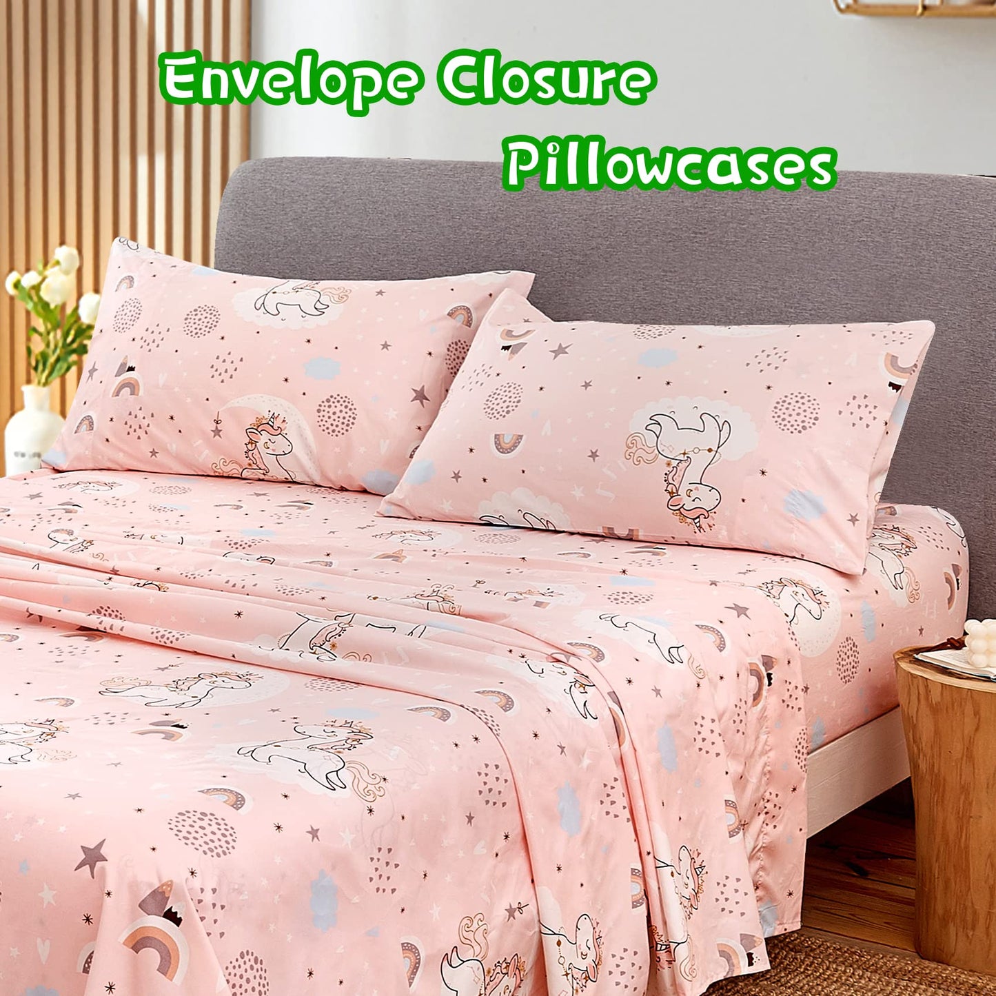 JSD Pink Unicorn Kids Sheet Set Full Size, 4 Piece Girls Rainbow Printed Microfiber Bed Sheets Deep Pocket