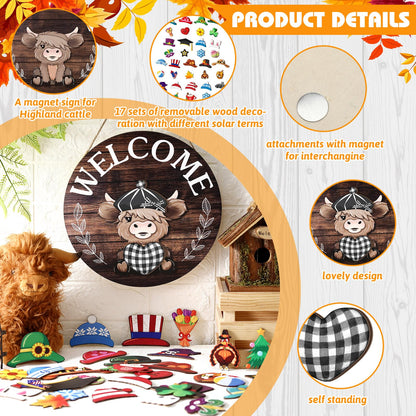 35 Pcs Christmas Interchangeable Highland Cow Welcome Sign Highland Cow Seasonal Wooden Hanging Door Decor Thanksgiving Farmhouse Hanging Sign for Front Door Xmas Party Decoration Gift