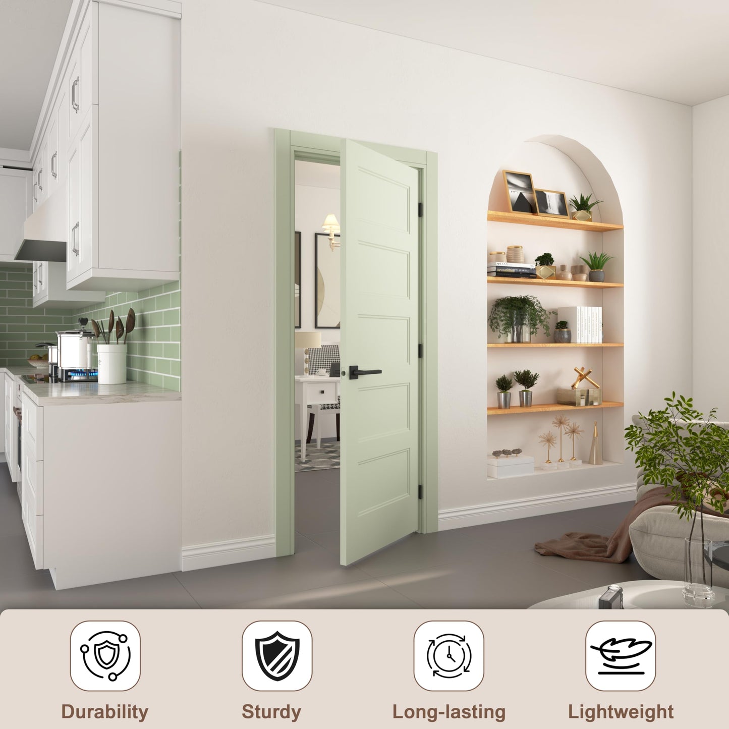JUBEST 32"x80" Left-Hand Prehung Interior Door with Knock Down Jamb Kit & Matte Black Hinges, 5-Panel White Primed Hollow Core Molded Door Slab with Bore & Hinge Cutout, Durable & Sturdy, No Handle