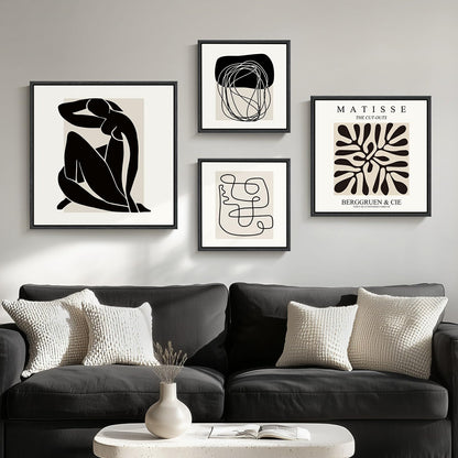 Framed Matisse Abstract Wall Art for Living Room, Set of 4 Piece Black and White Modern Canvas Artworks, Mid Century Neutral Beige Minimalist Painting Prints for Bedroom Hallway Office Wall Decor