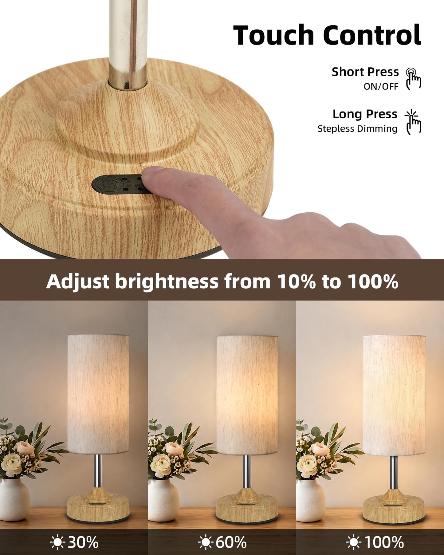 EZVALO Cordless Table Lamp, Ambient Light, Wood-Grain Finish, Dimmable, Touch, Timer, 2700K, Decor, Portable, Wireless, Rechargeable, Battery Operated, Bedside, Kitchen Lamp, for Dining Table, Counter