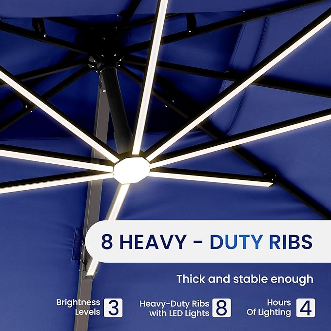 10 X 13 FT Cantilever Patio Umbrella with LED Lights Outdoor Heavy Duty Double Top Windproof Rectangle Offset Umbrellas with 360-degree Rotation for Pool Deck Backyard, Navy