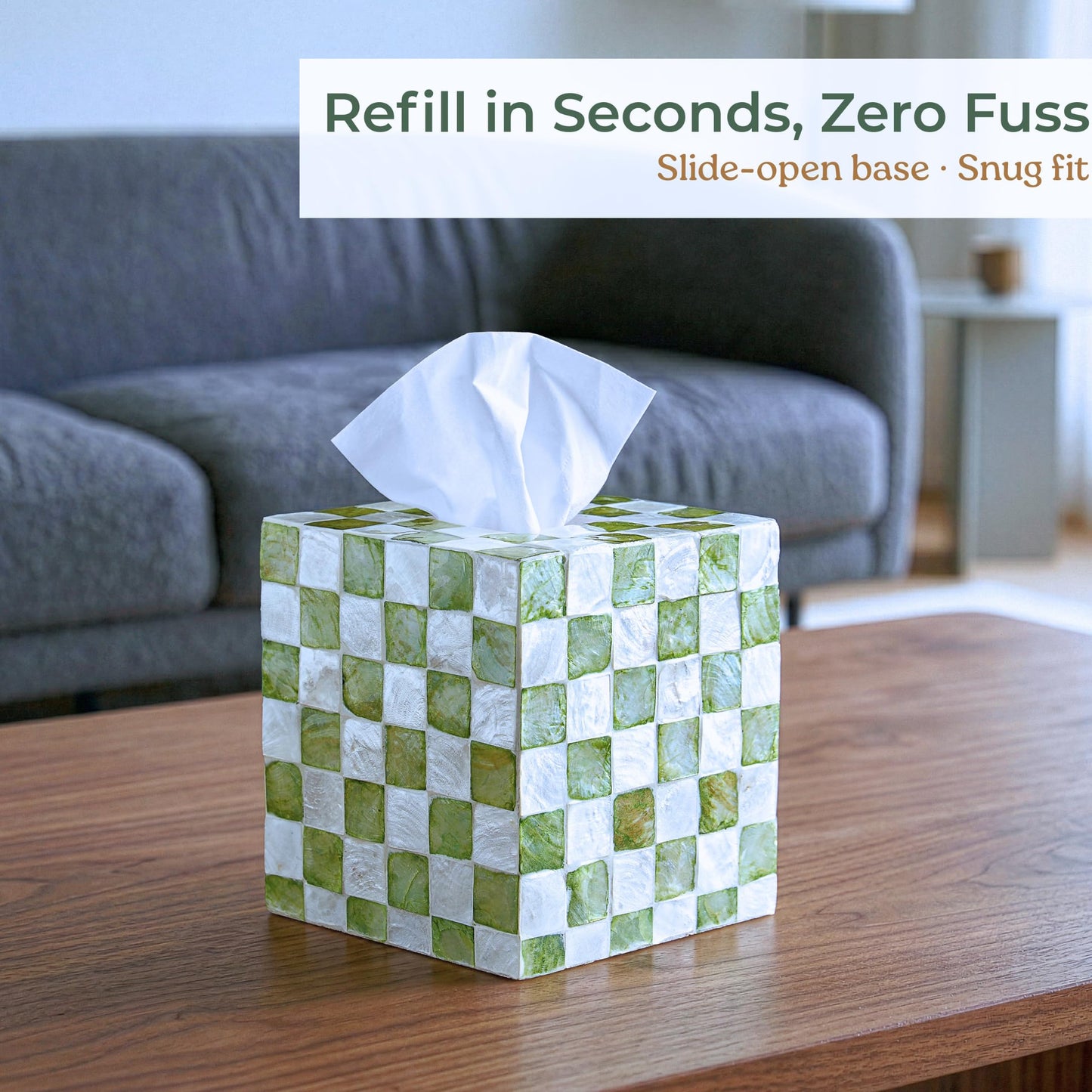 5.7" Square Tissue Box Cover for Kleenex and More, Handmade Green & White Checkered Capiz Shell Tissue Holder, Decorative Cube Tissue Box Cover for Bathroom, Living Room, Bedroom or Office (Natural)