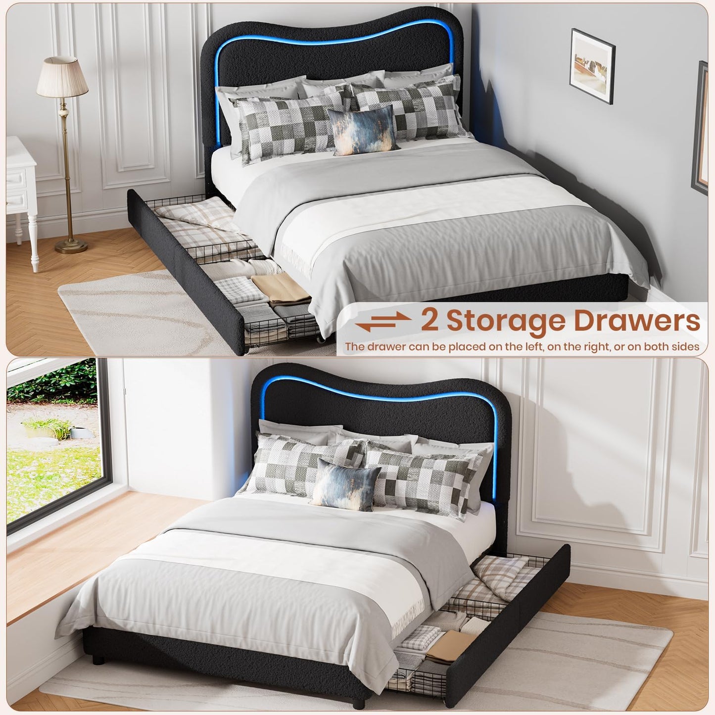 Garvee Boucle Queen Bed Frame with 2 Storage Drawers, Upholstered Platform Bed with LED Headboard, Wood Slats Support, No Box Spring Needed for Kids, Teens-Black