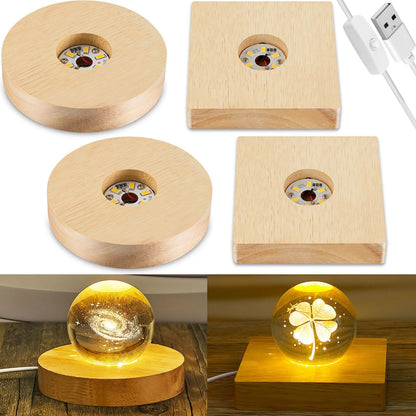 Honoson 4 Pcs LED Light Base - Wooden LED Base for Crystal Wood Light Display for Glass Art Lighted Stand for 3D Glass Resin Art(Square, Round)