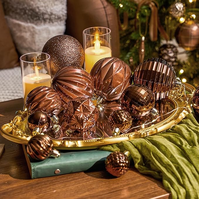 JORNOY Christmas Tree Ornaments Set, 47 Pack Assorted Shatterproof Hanging Balls Decorations, Plastic Bulbs Bulk with Lanyard for Home Holiday Party Decor, 3-Sizes (Brown)