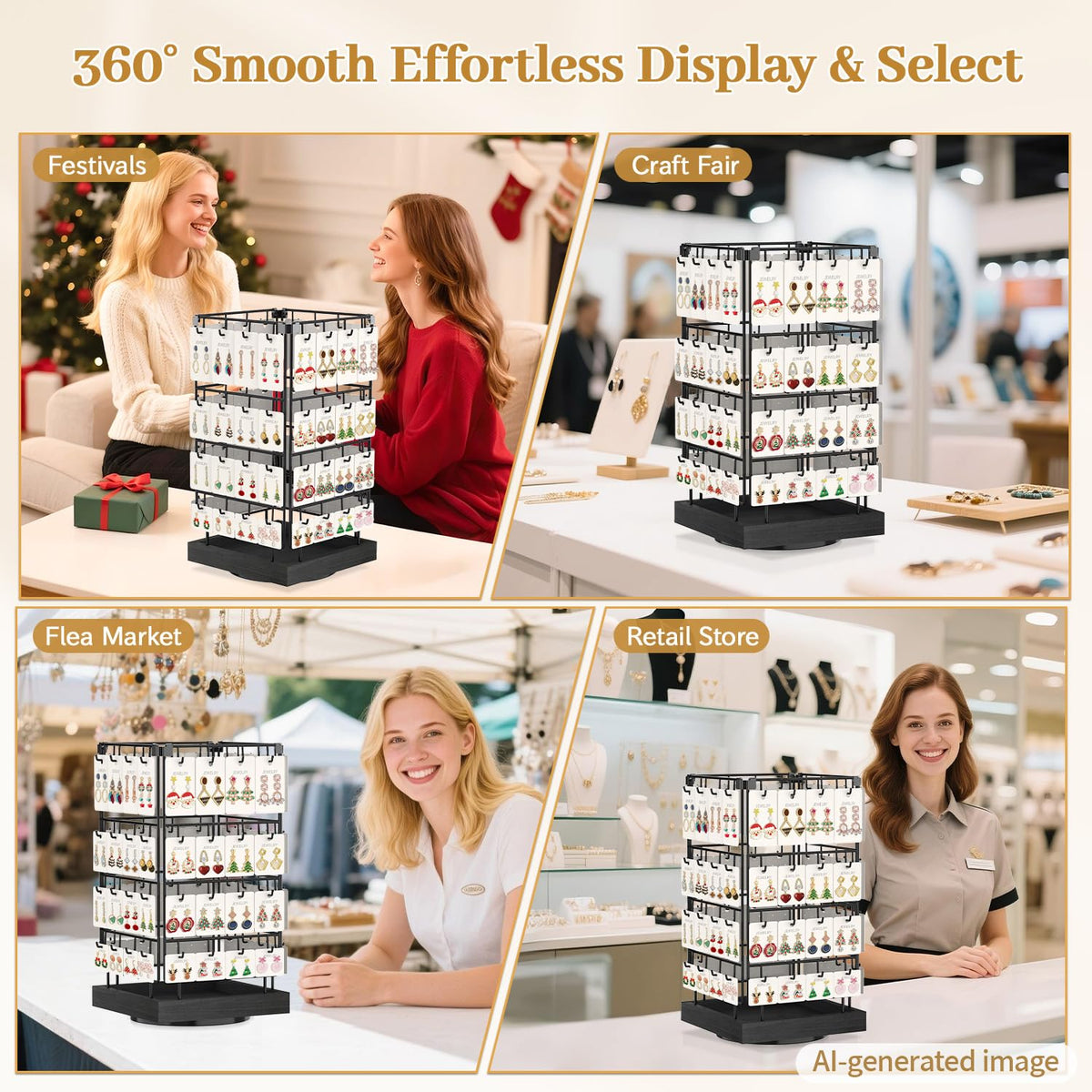 MODOWEY Earring Card Display Stand for Vendors, 64 Hooks Rotating Organizer Tree Holder, 4 Tier Jewelry Rack with Wooden Base for Stud Pierced Earring Selling, Grab Attention to Boost Sales, Oak
