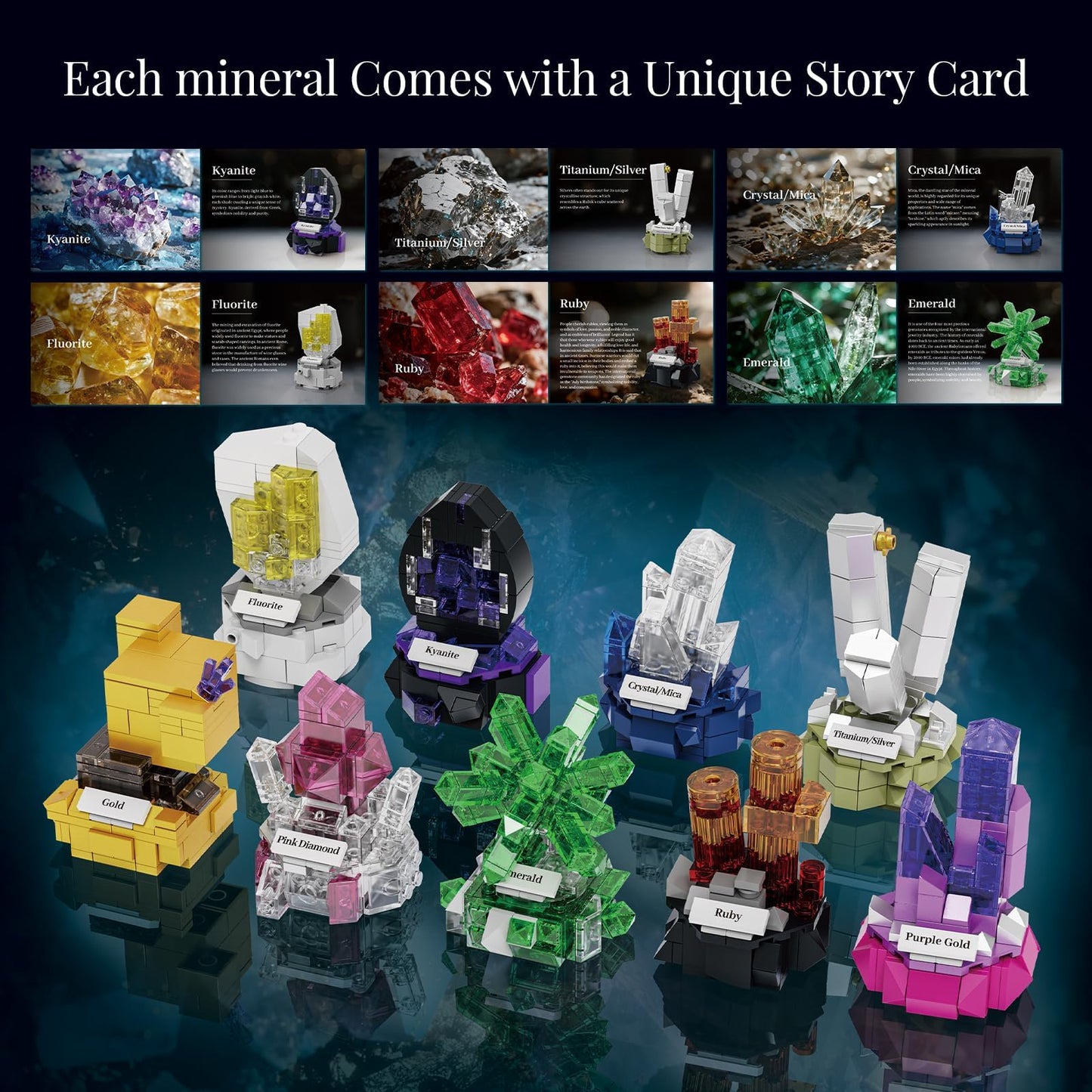 Mineral Display Building Blocks Set 794pcs, 9 Pack Gemstone Models, Crystal Rock Collection STEM Geology Bonsai Gems Home Office Decor, Compatible with Lego for Kids Adults Boys Girls 6+