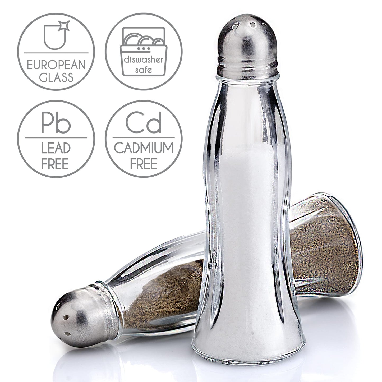 Salt and Pepper Shakers Glass Set, Clear Curved Design, Classic Restaurant Style, Glass Body with Stainless Steel Lids, 4.7 in