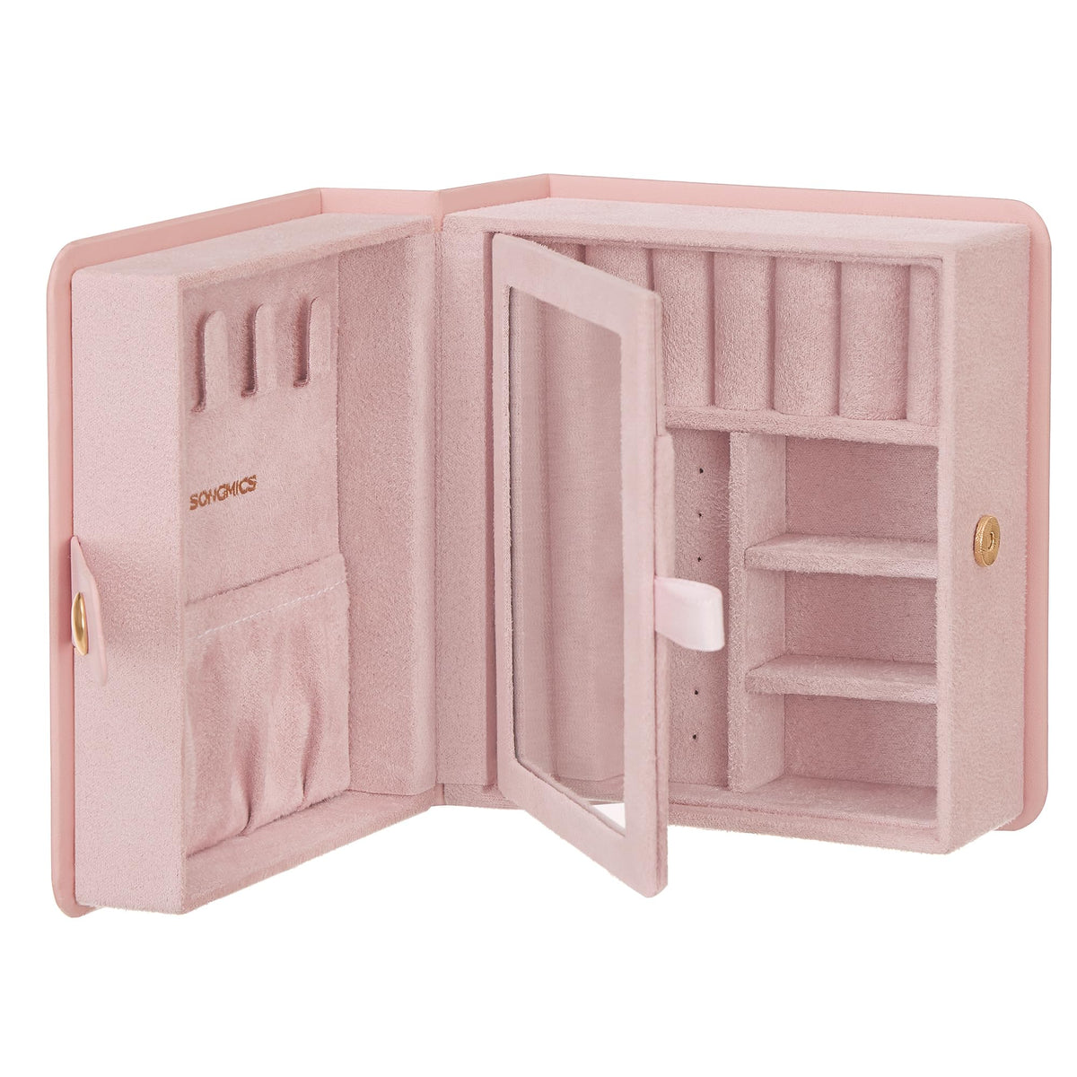 SONGMICS Jewelry Box Organizer with Mirror, Travel Jewelry Case with Pocket for Bracelet, Interlayer, 4.6 x 5.2 x 2.8 Inches, Portable, Book Design, Faux Suede Lining, Gift Idea, Jelly Pink UJBC189R01