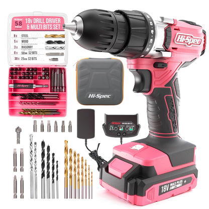 Hi-Spec 58pc 18V Pink Womens Electric Cordless Power Ladies Drill Driver Set with Rechargeable Battery, Power Screwdriver Bits, Wood and Metal Drill Bits. All in a Compact Case