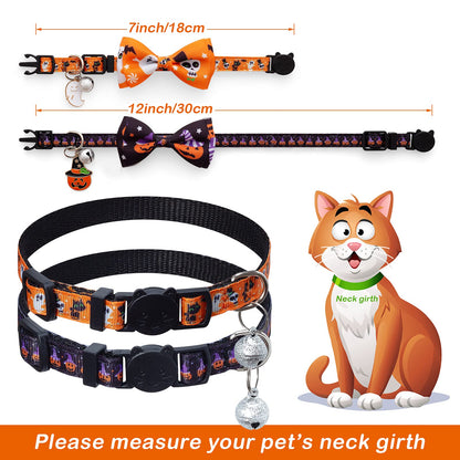 LLHK 4 Pack Halloween Cat Collar with Bow Tie and Bell,Breakaway Kitten Collar for Girl Boy Cats,Adjustable 7-12inch,for Kitty Kitten Adult Cats,Pet Supplies…