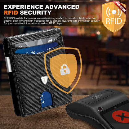 TEEHON Mens Wallets Slim RFID Blocking Carbon Fiber Leather Wallet with up to 12 Credit Card Holder, Strong Money Clip & ID Window Minimalist Bi-Fold Wallets for Men UK with Gift Box - Black