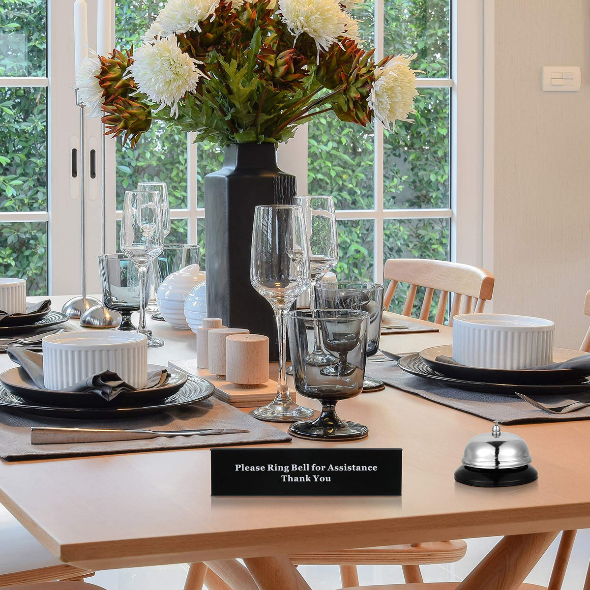 Boao Desk Service Dinner Bell Metal Silver Call Bell and Double Side No Receptionist Sign Please Ring Sign for Service Assistance for Hotel School Restaurant Reception Area(Sliver Bell)