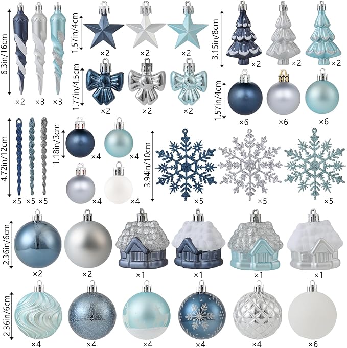 124Ct Blue Silver and White Christmas Tree Ornaments Set,Shatterproof Assorted Christmas Decorations for Xmas Tree Snowflake Icicle House Ball Ornaments Baubles for Holiday Party Decor（Blue & Silver）