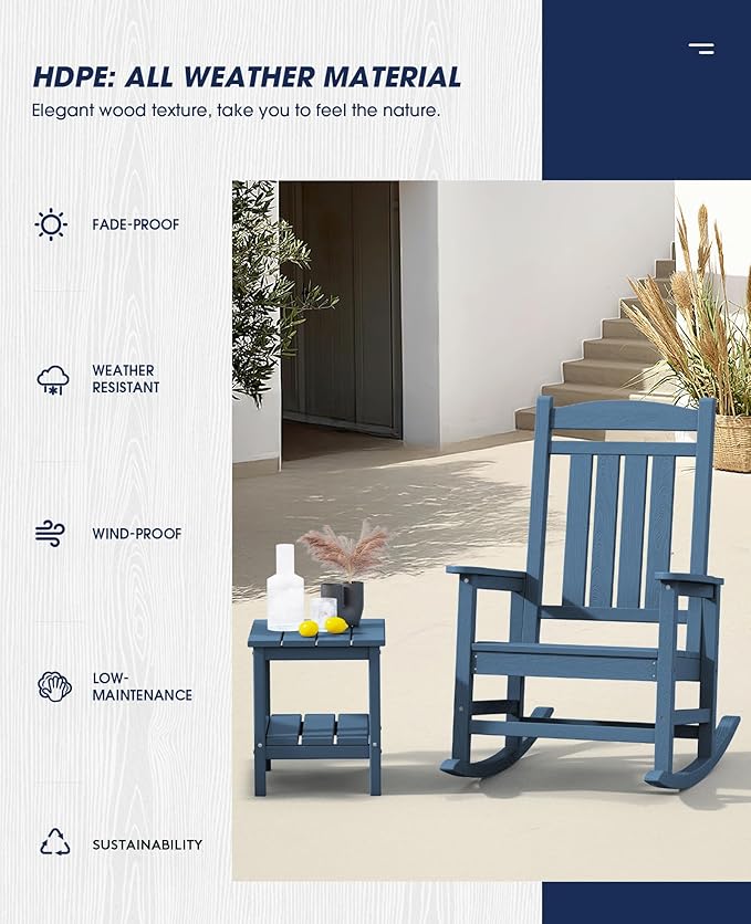 KINGYES Oversized Patio Rocking Chair Set of 2, High Density Polyethylene Outdoor Rocking Chairs with 330lbs Support for Adults, Navy