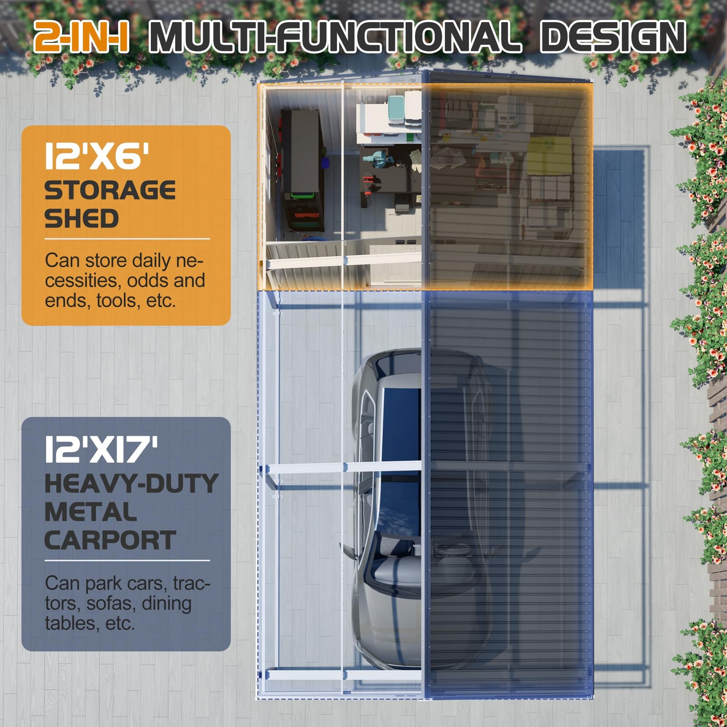 ZMAD 12'x23' Metal Carport Storage Shed, Heavy Duty Steel Garage with Sliding Door, UV Panel & Waterproof Sloped Roof, Reinforced Structure for Car Boat Tractor Farm (Grey, Style A)