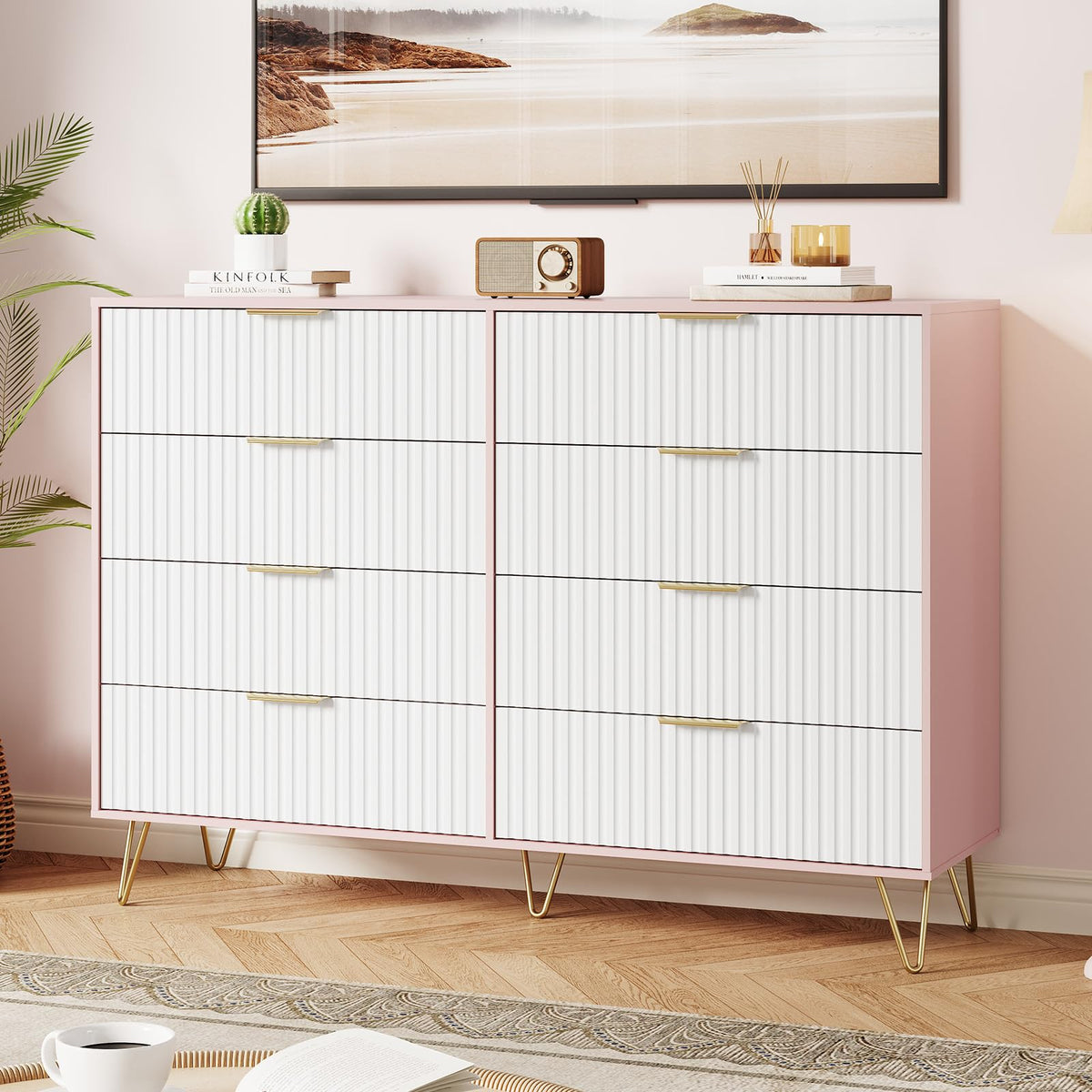 GarveeHome Fluted Dresser for Bedroom with 8 Drawers,55" Wide Modern Chest of Wooden Bedroom Chest with Metal Handle,Clothes Storage Organizer,Dresser & TV Stand for Living Room,PIink