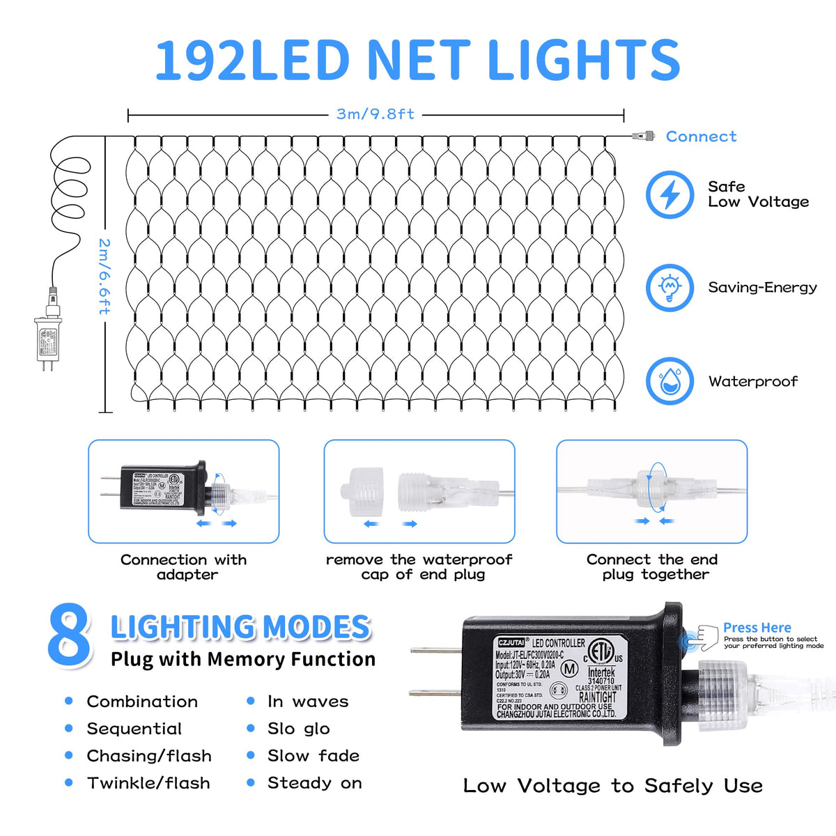HEYFUNi 192 LED Net Lights Outdoor Mesh Lights,8 Modes Net Light for Bushes Plug in, Waterproof Christmas Net String Light for Bushes Ceiling Wedding Indoor Outdoor(9.8ft x 6.6ft,White)