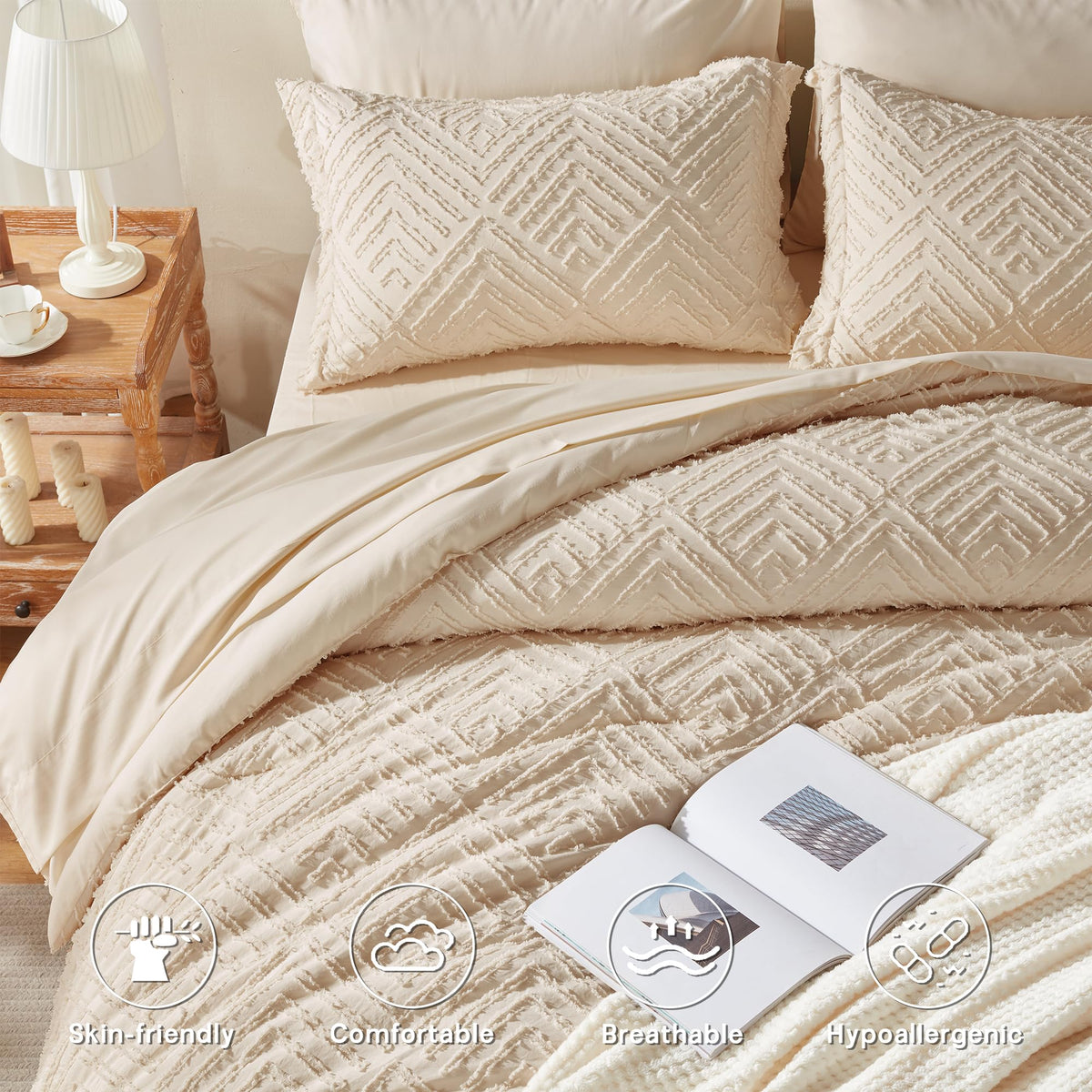 Zzlpp Queen Comforter Set 7 Pieces, Beige Bed in a Bag Queen Size, Tufted Boho Bedding Set with 1 Comforter, 2 Pillow Shams, 2 Pillowcases, 1 Flat Sheet, 1 Fitted Sheet