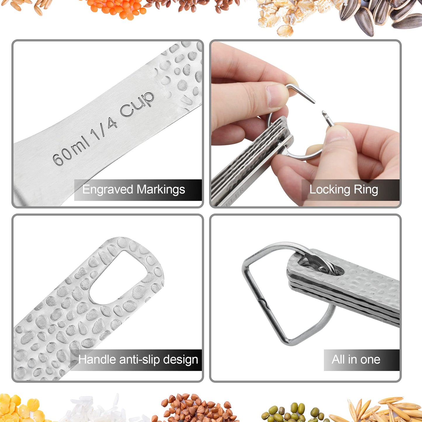 Hotsyang Measuring Spoons Set, 18/8 Stainless Steel Measuring Spoons Set for Dry&Liquid, Metal Metric & US Measuring Spoon with 1 Leveler and Locking Ring for Kitchen & Baking