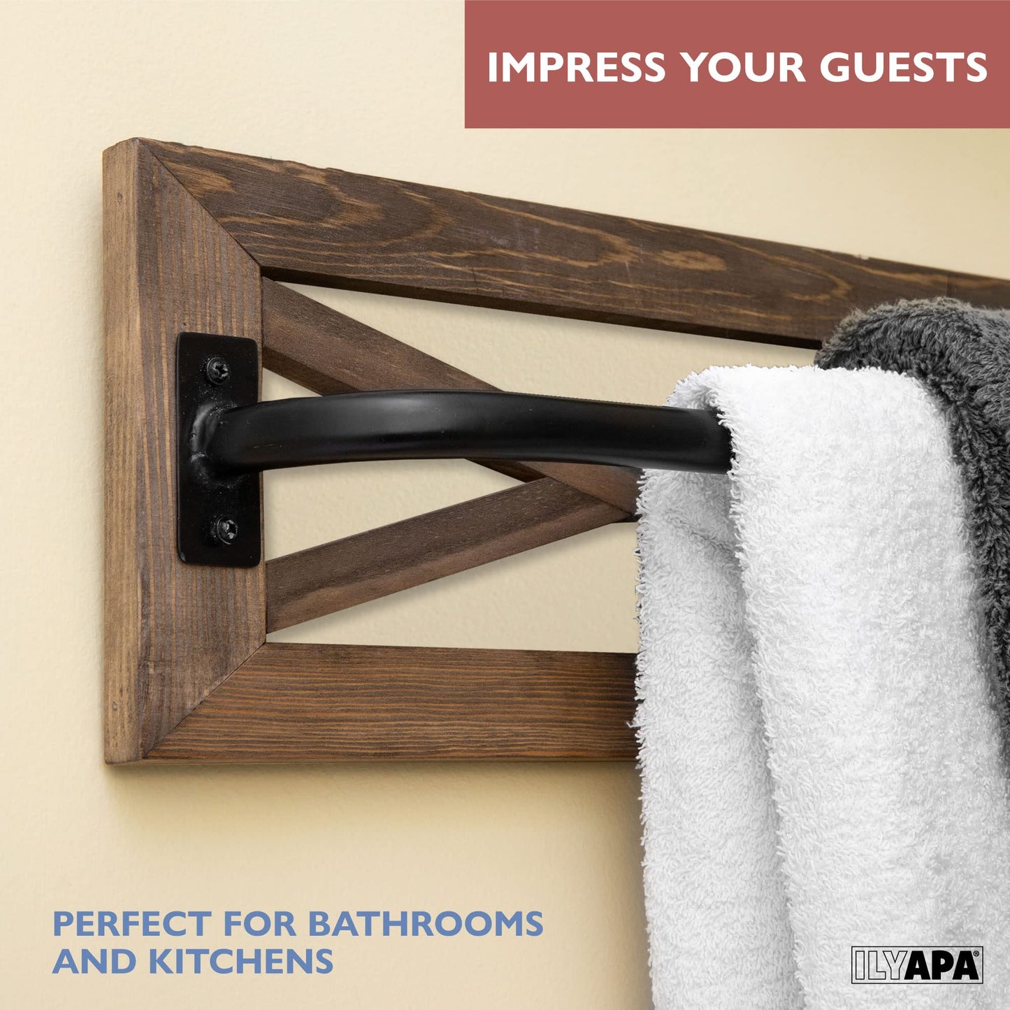 Ilyapa Rustic Towel Bar Toilet Paper Holder Set with Towel Ring for Bathroom- Wall Mounted Racks - Barnwood & Black Metal Bar, Farmhouse Decor