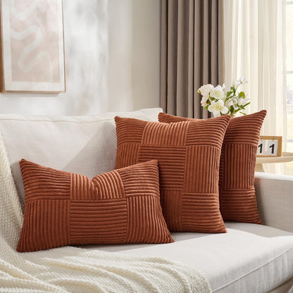 Fancy Homi Set of 2 Rust Boho Decorative Throw Pillow Covers 20x20 Inch for Living Room Bedroom Couch Bed Sofa, Modern Farmhouse Home Decor, Soft Striped Patchwork Plaid Corduroy Accent Cushion Case