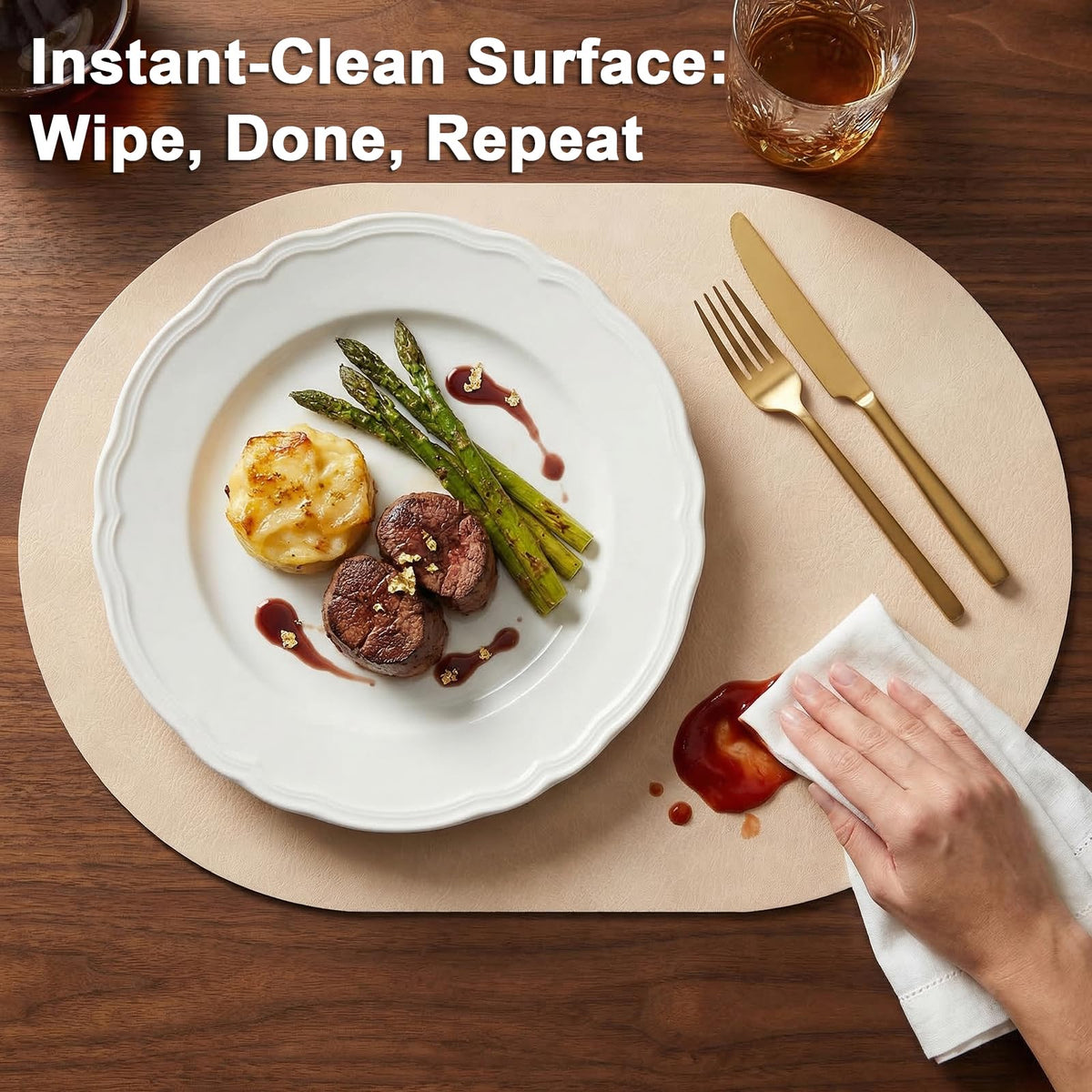 BIPASION Placemats, Oval Placemats 2mm Ultra Thick Faux Leather Table Mats, Heat Resistant Waterproof Wipeable Dining Mats for Kitchen Table, Set of 8, Beige