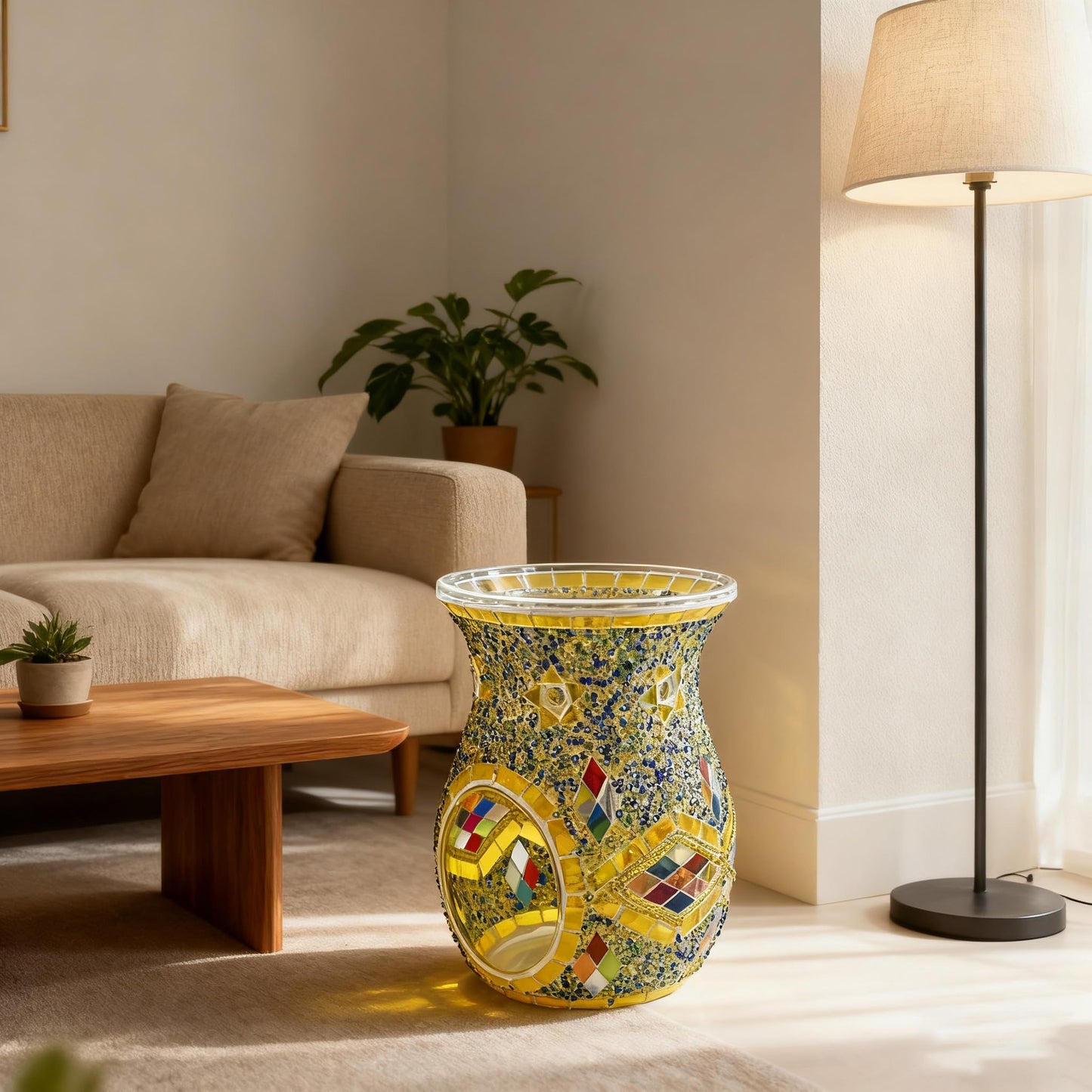 Maimeili Mosaic Glass Romantic Oil Burner Tealight Candle Holder Fragrance Warmer Incense Aroma Diffuser for Wedding Christmas Home Table Decor