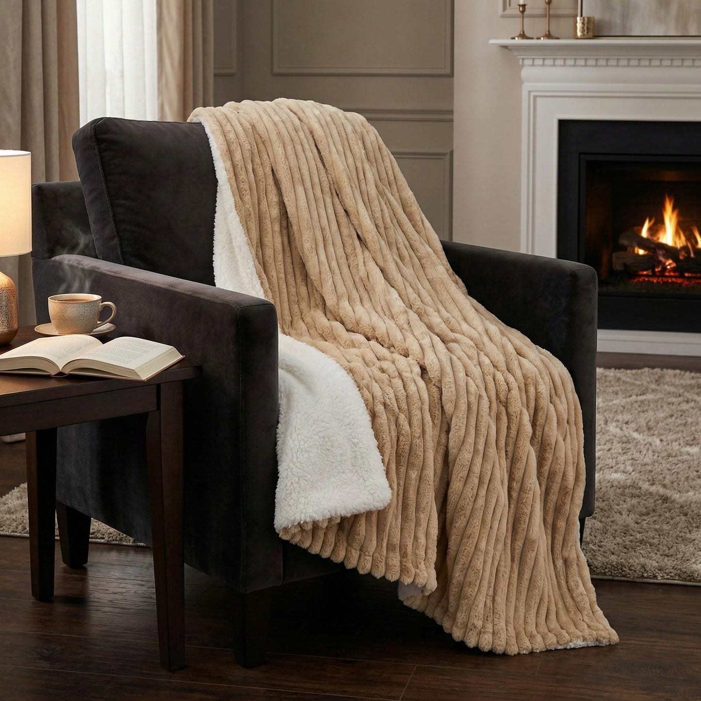 Lavish Home Faux Fur Throw Blanket - 60x70-Inch Twin Blanket for Couch, Bed, or Chair - Soft Throw with Plush Faux Rabbit Fur and Warm Sherpa for Living Room, Bedroom, and Home Decor (Taupe)