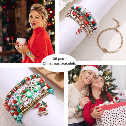 Cooluckday 36Pcs Christmas Bracelets Bulk Christmas Gifts for Women Friendship Bracelets Xmas Snowflake Snowman Bell Santa Claus Bracelets Stretch Bracelets as Party Gifts Bag Filler