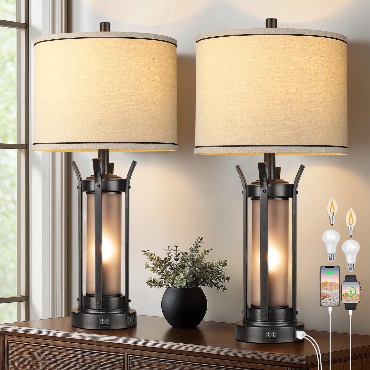 QiMH 26" Table Lamps Set of 2, Rustic Bedside Lamps with USB A+C Charging Ports, Farmhouse Industrial Nightstand Lamp with Frosted Glass Night Light for Bedroom Living Room, Black, 4 Bulbs Included