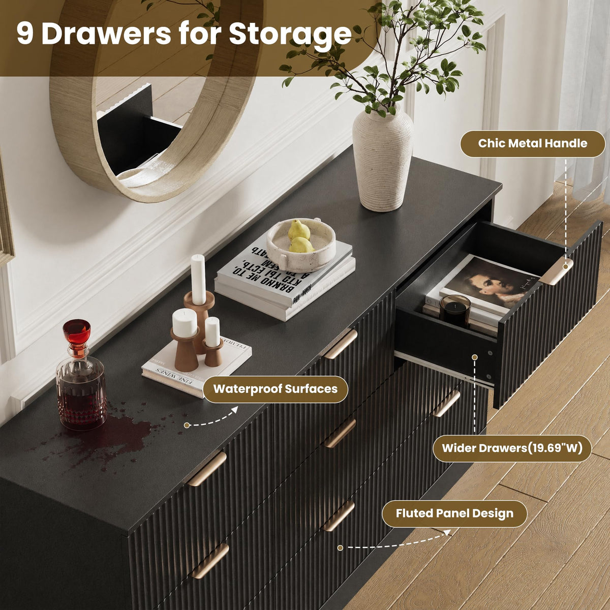 MALOL Fluted 9 Drawer Dresser for Bedroom, 59" Wide Wood Chest of Drawers with Metal Handle, Long Dresser Storage Organizer TV Stand for Closet, Living Room, Hallway, Black